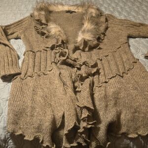 Sioni Tan Ruffle Open Cardigan with Faux Fur Trim